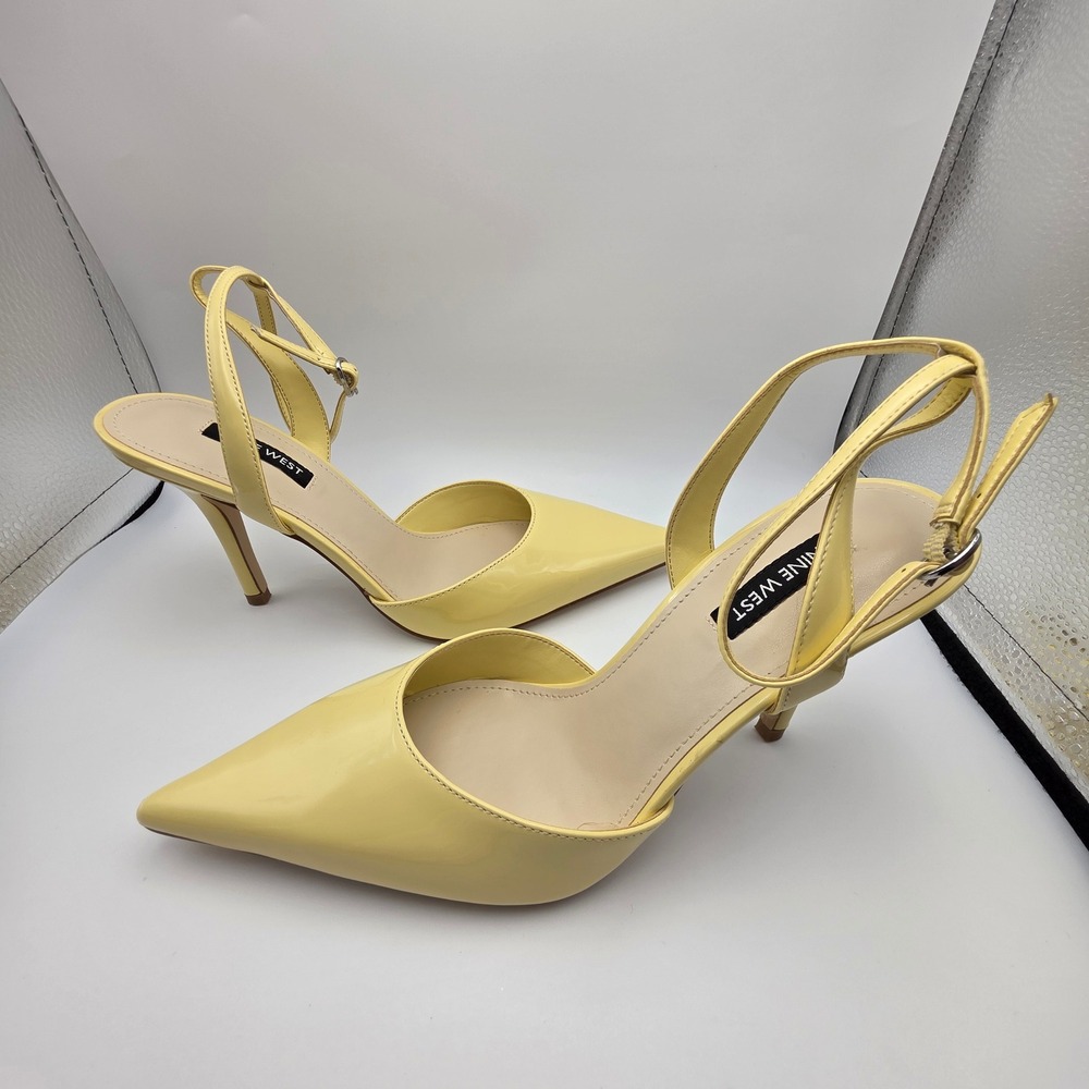 Nine West Grana Pale Yellow Patent Pointed Toe Ankle Strap Pumps Heels 7.5M
